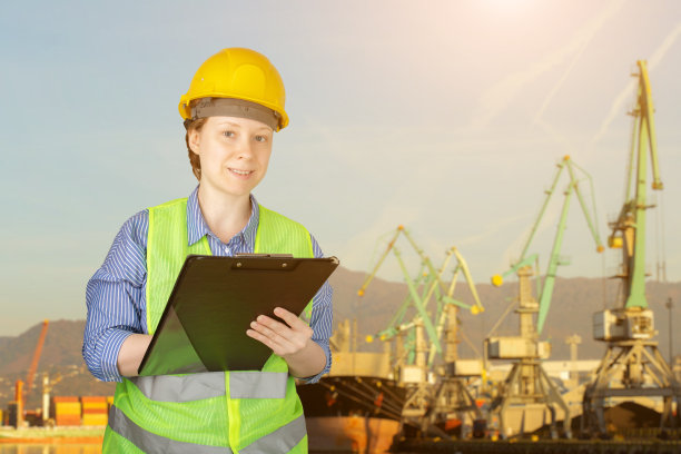 工程师工人在海港，物流和运输，起重机在码头图片下载