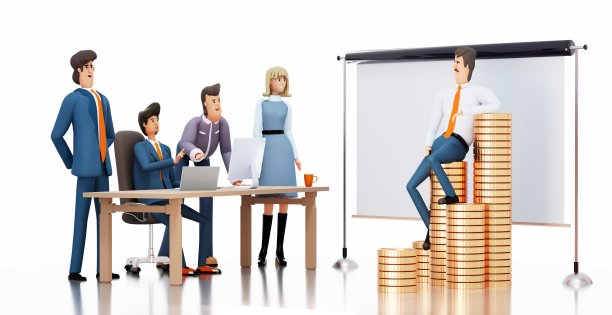 一群商人与坐在金币上的金融顾问交谈。三维渲染图图片下载