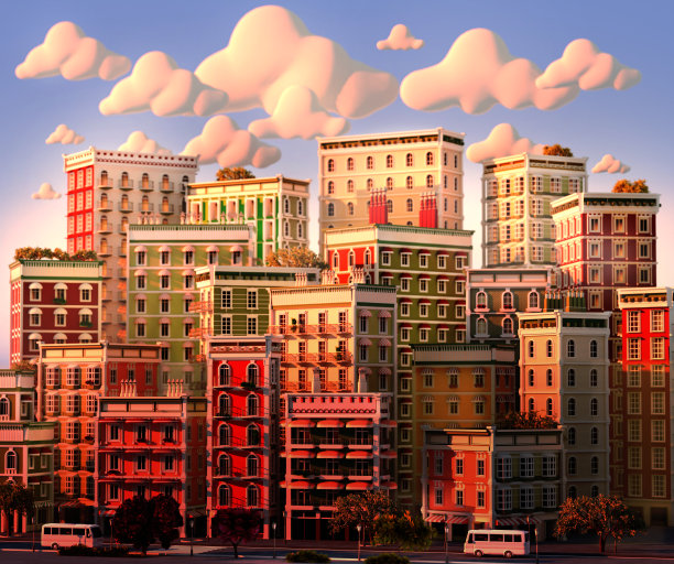 美丽的城市3D渲染插图。日落时分的公寓楼。图片下载