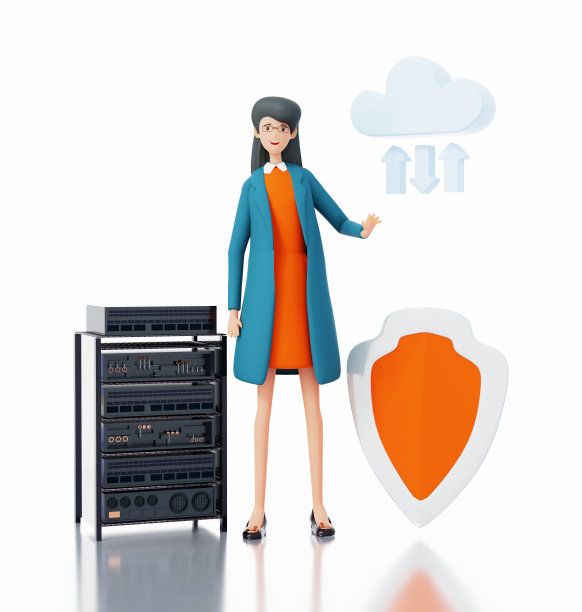 IT支持团队成员与小型服务器块和盾牌。数据保护，互联网安全理念。三维渲染图图片下载