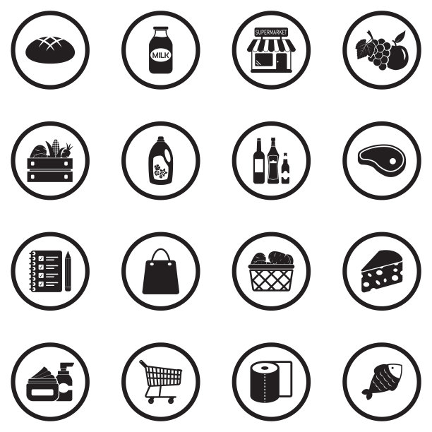 杂货店购物图标。黑色平面圆形设计。矢量插图。图片下载