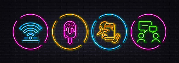 Wifi，航班应用程序和冰淇淋最小线图标。对于web应用，打印。霓虹灯激光3d灯。向量图片下载