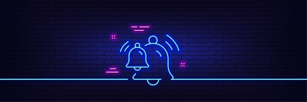 钟线图标。报警提醒标志。霓虹灯发光效果。向量图片下载