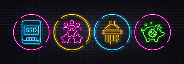 商务会议，淋浴和Ssd最小线图标。对于web应用，打印。霓虹灯激光3d灯。向量图片下载