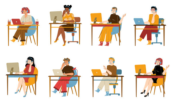 呼叫中心戴耳机工作的接线员图片下载