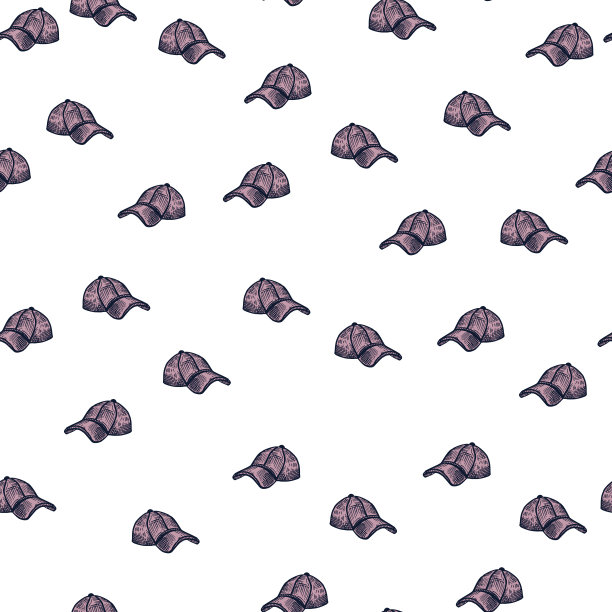 棒球帽雕刻无缝图案。手绘风格的休闲现代头饰。图片下载