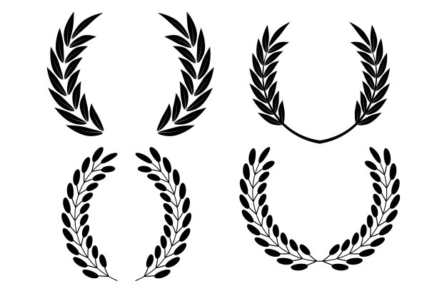 带花圈的复古皇家套装。奖杯套装。花卉分支。和平符号。获奖证书。矢量素材。图片下载