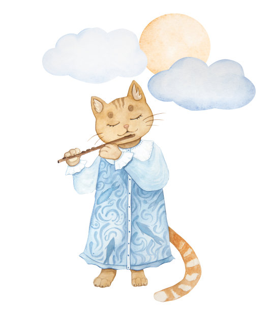 水彩插图与复古可爱的童话儿童玩具猫与长笛，孤立图片下载