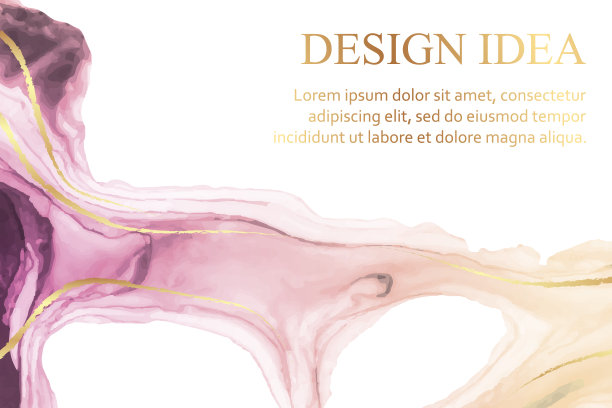 水彩背景与抽象的粉红色和黄色墨水波浪和金色曲线。图片下载