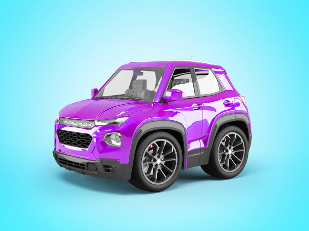 三维插图的紫色汽车前面卡通风格的蓝色背景与阴影图片下载