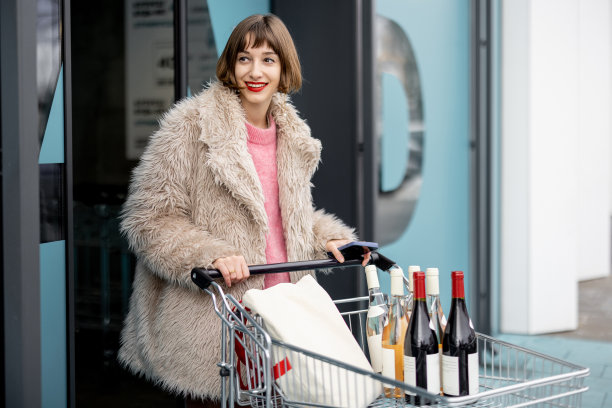 一个女人推着装满酒瓶的购物车走出超市图片下载