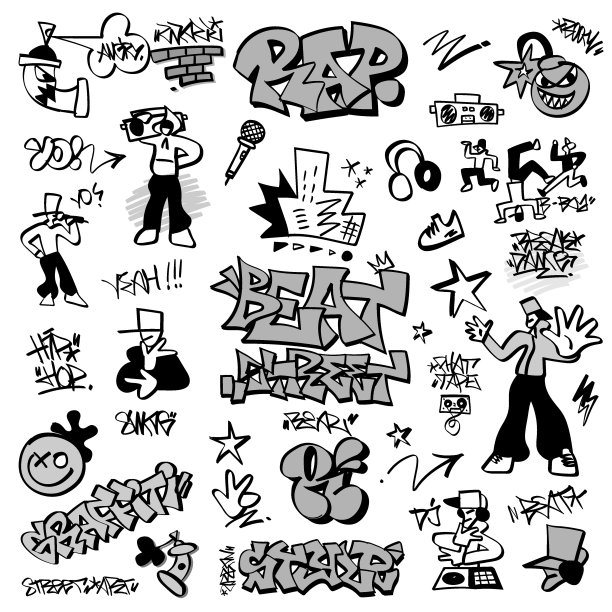 说唱音乐，街头涂鸦风格涂鸦集，矢量卡通设计元素图片下载