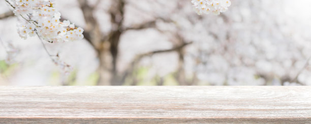 空木桌面和模糊樱花树在花园背景与复古过滤器-可以用于展示或蒙太奇您的产品。图片下载