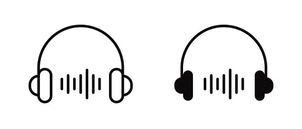 耳机与声波矢量图标设置。勾勒出音乐的波浪符号。线性耳机标志图片下载