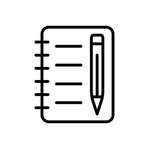 带有笔线图标的记事本。笔记本，作业，笔记，写作，文字，写作，阅读，撕掉的便签，艺术品，追踪器，日记。组合的概念。白色背景上的矢量线图标图片下载
