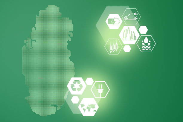 节能概念：未来发电工业的能源创新图标图形界面。绿色背景上的卡塔尔互动地图图片下载