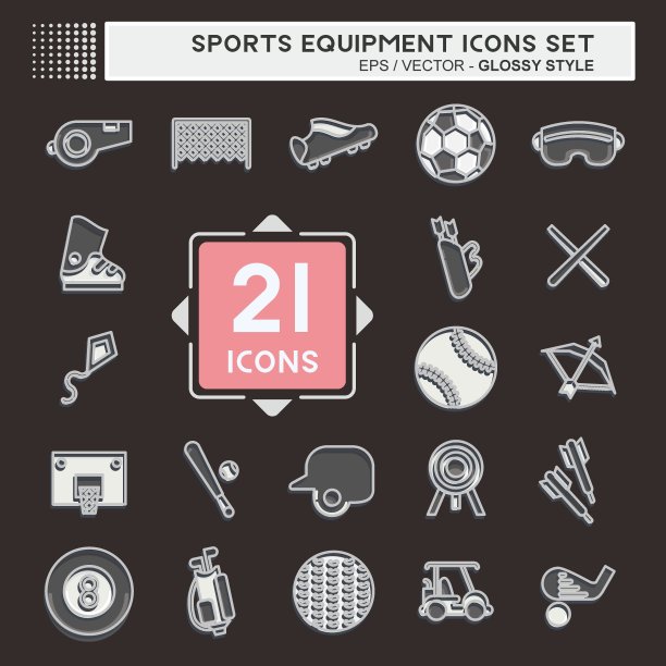 Icon Set运动器材。与运动器材符号相关。光滑的风格。设计简单，可编辑。简单的说明图片下载