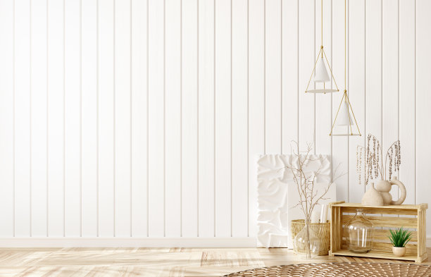 空房间内部背景，白色镶板墙，家居装饰超过木板墙。在镶木地板上织地毯。三维渲染图片下载