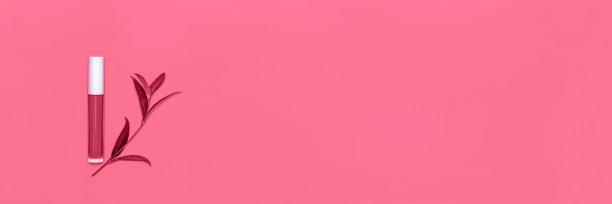 唇彩装饰新鲜的叶子在平铺风格。调色图像在时尚品红色的2023年。图片下载