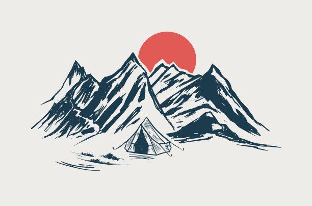 露营，山地景观，素描风格，矢量插图。图片下载