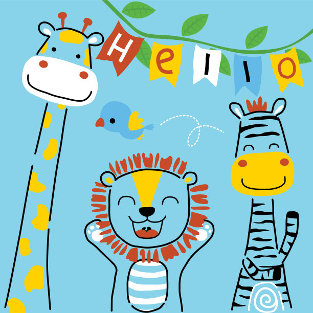 矢量卡通的有趣的动物卡通长颈鹿，狮子，斑马和飞鸟在线条艺术风格图片下载