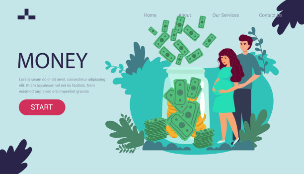 年轻孕妇钱包。怀孕的女人和钱。矢量平面设计插图孤立在白色背景上图片下载