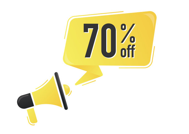 七折。扩音器和彩色黄色的演讲气泡引用。博客管理，博客和网站写作。概念海报为社交网络，广告，横幅图片下载