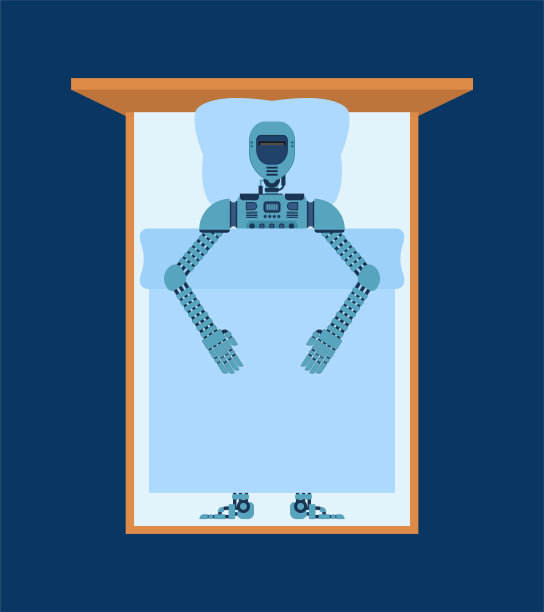 机器人在床上睡觉。充电cyborg。未来的概念图片下载