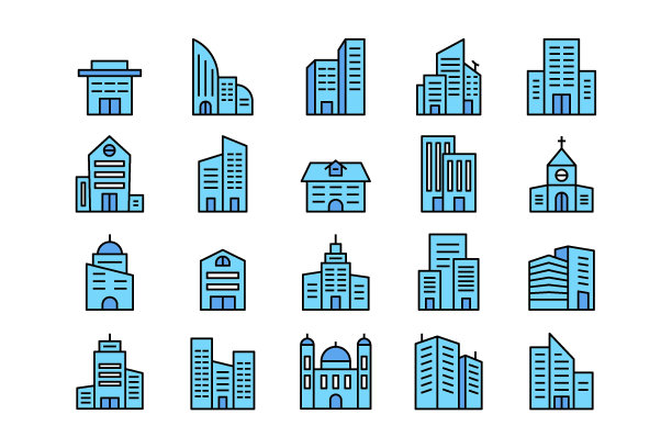 城市建筑线条图标。简约住宅，办公住宅公寓符号可编辑笔画，城市概念。向量组图片下载