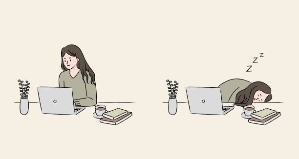 迷人的女商人在她的工作站上的笔记本电脑。累了的女孩。员工在办公室。职业理念，远程工作。远程学习。手绘风格。线矢量设计插图。图片下载