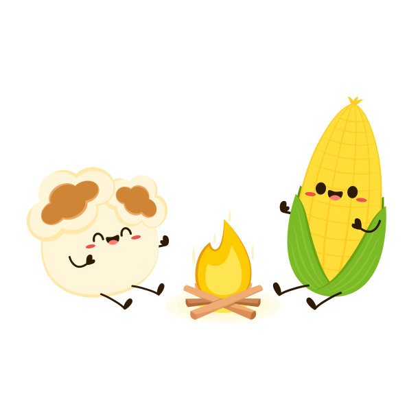 玉米和爆米花卡通。矢量吉祥物，卡通和插图的玉米抱着爆米花。角色设计。图片下载