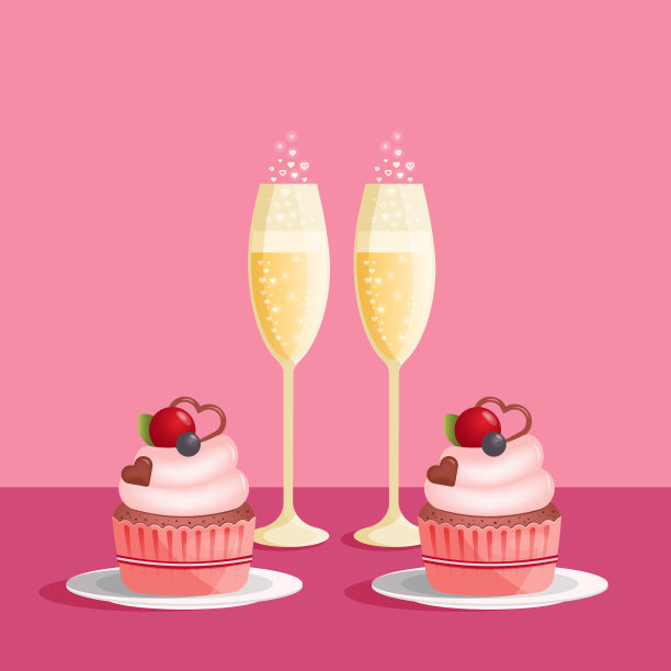 两杯香槟和纸杯蛋糕。爱的概念，矢量插图。图片下载