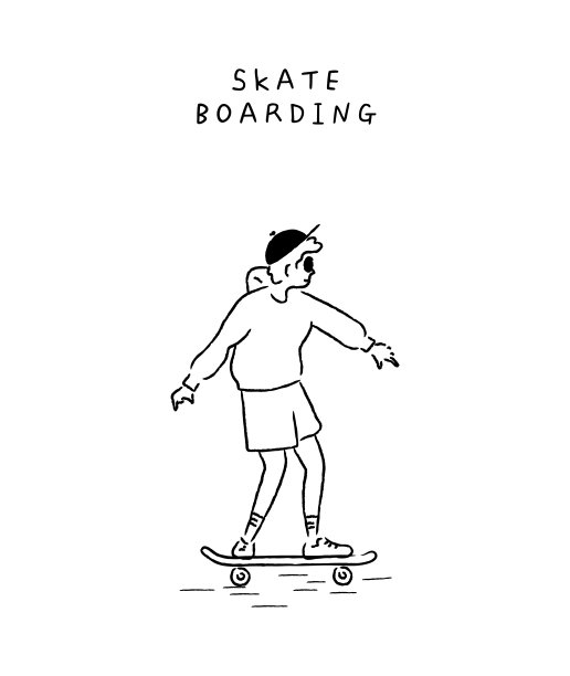 玩滑板的人。街头滑板。线形，人物，卡通，轮廓，细线条，素描。简单的线条艺术。时髦的矢量插图。手绘风格。图片下载