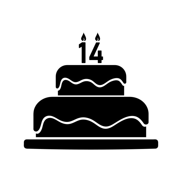 生日蛋糕与数字十四蜡烛，简单的黑色矢量图标图片下载