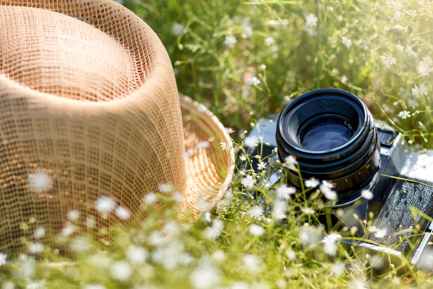 在阳光明媚的日子里，把老式相机和草帽放在草地上。图片下载