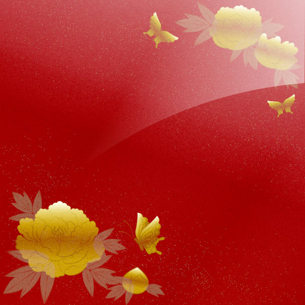 金银漆作品牡丹花在红色背景，复制空间可用图片下载