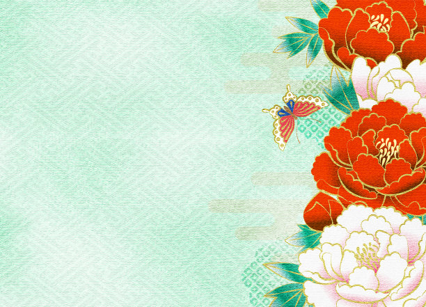 牡丹花的传统日本和服图案，玉禅风格，复制空间可用图片下载