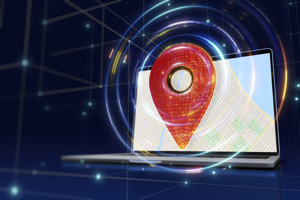 笔记本电脑与数字地图和位置点图片下载