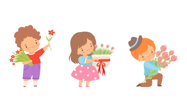 可爱的小男孩和小女孩互赠鲜花图片下载