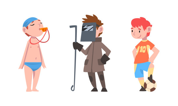 小男孩打扮成游泳教练，焊工和图片下载