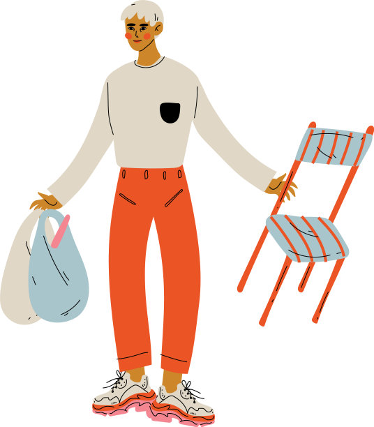 年轻人拿着购物袋和椅子站着图片下载