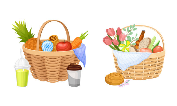 装满食物和饮料的野餐篮子被柳条捆住了图片下载