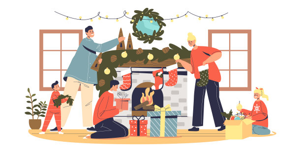 快乐的家庭为圣诞节装饰客厅图片下载