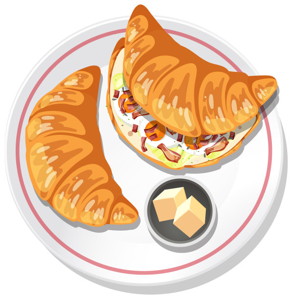 盘子里的牛角面包三明治俯视图图片下载