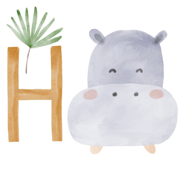 字母H.河马。河马野生动物园水彩字母。非洲ABC丛林珍奇动物苗圃信。手绘插图孤立的白色背景。图片下载