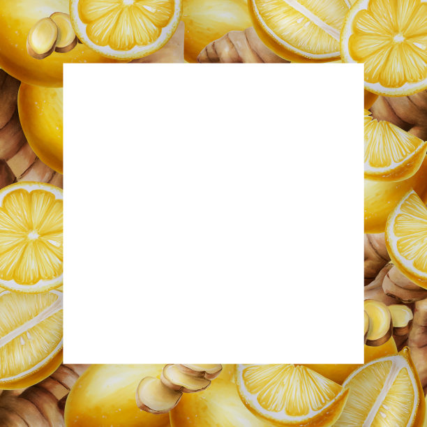 水彩框架与生姜和柠檬。包括姜根和姜叶，姜片和柠檬，柠檬切块。手绘逼真的免疫增强集维生素隔离插图背景图片下载