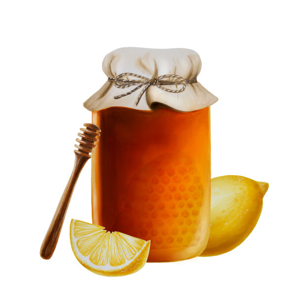 水彩玻璃罐琥珀蜂蜜与蜂巢，柠檬和木棍。手绘免疫增强维生素的背景插图。图片下载