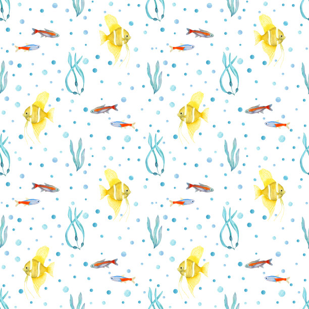 水彩画水下无缝模式的天使鱼，霓虹四角鱼，海藻在白色背景。印刷设计，横幅，卡片，背景，菜单，纪念品，装饰，墙纸，织物，纺织品，包装图片下载