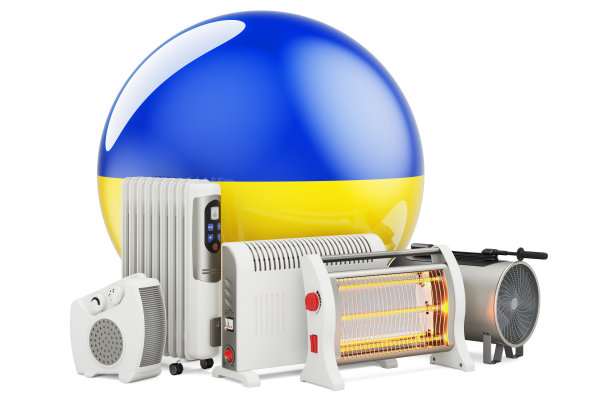 带有加热装置的乌克兰国旗。乌克兰对流，风扇，充油，红外加热器的制造，贸易和服务。3D渲染图片下载