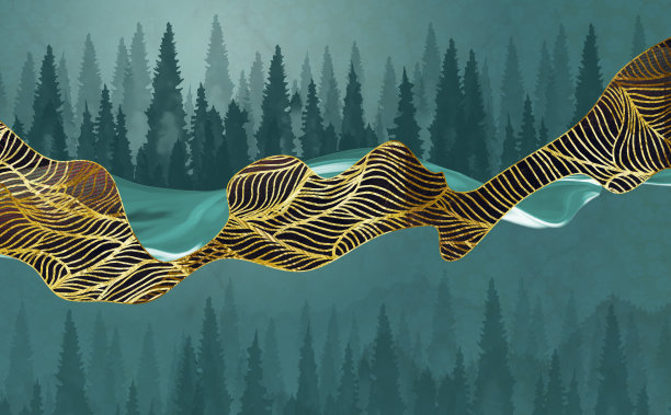 3d壁画壁纸。树木和金黑色的海浪。内墙装饰图片下载